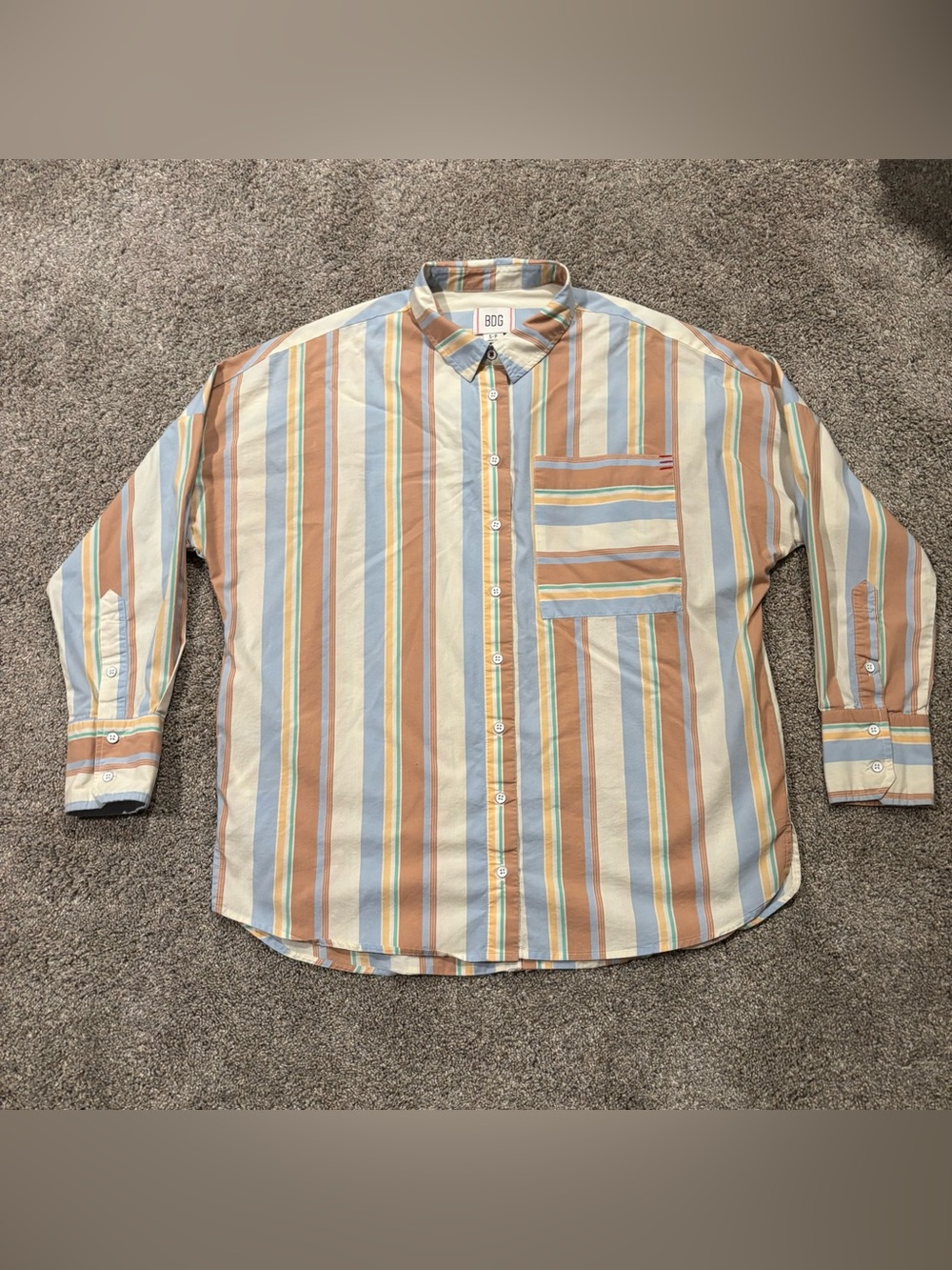 BDG Women’s Striped Button-Up Shirt Tan & Blue Spring Size S fits like Medium